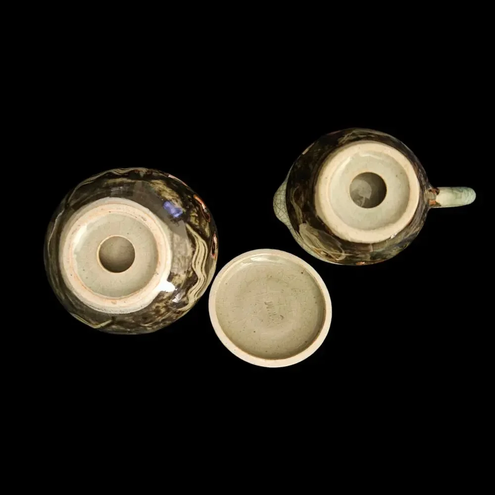 Vintage Made in Japan Art Pottery Creamer Sugar Bowl Crackle Glaze Pierced Heart